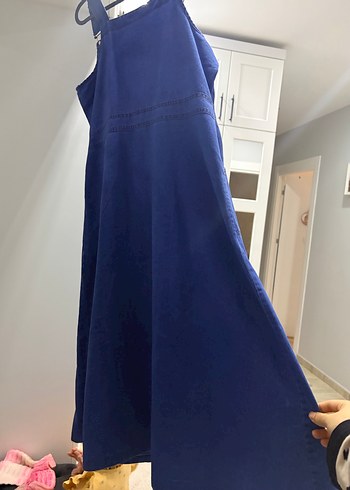 Düğmeli Lacivert Midi Kot Salopet - Görsel 3