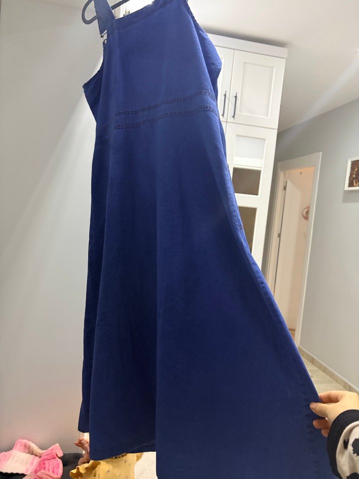 Düğmeli Lacivert Midi Kot Salopet - Görsel 3