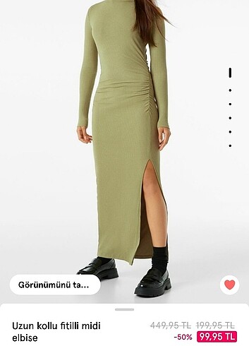 m Beden yeşil Renk Bershka yeşil fitilli uzun elbise
