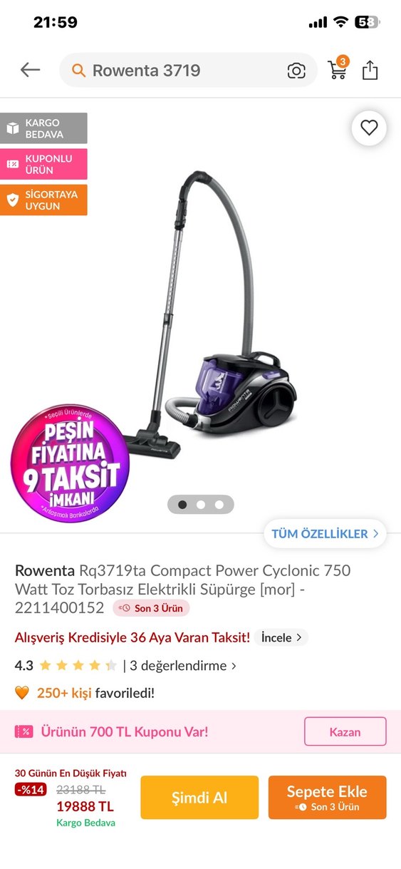 Kompakt Mor Toz Torbasız Elektrikli Süpürge - Görsel 3