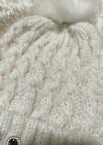 Beyaz Örgü Kadın Bere Pomponlu - Görsel 3