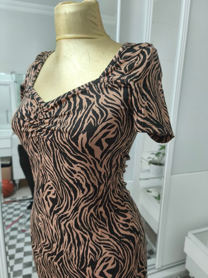 Kahverengi Zebra Desenli elbise - Görsel 2