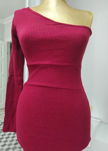 Bordo Tek Omuzlu Kadın Triko Elbise - Görsel 4