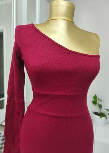 Bordo Tek Omuzlu Kadın Triko Elbise - Görsel 2