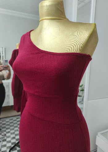 Bordo Tek Omuzlu Kadın Triko Elbise - Görsel 3