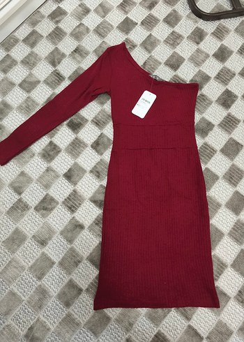 Bordo Tek Omuzlu Kadın Triko Elbise - Görsel 6