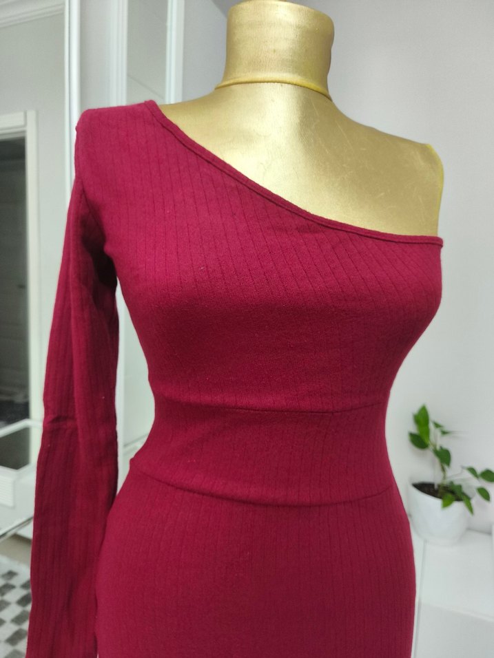 Bordo Tek Omuzlu Kadın Triko Elbise - Görsel 2