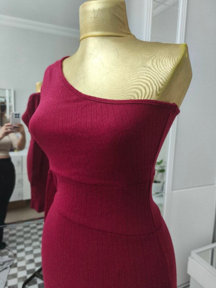 Bordo Tek Omuzlu Kadın Triko Elbise - Görsel 3
