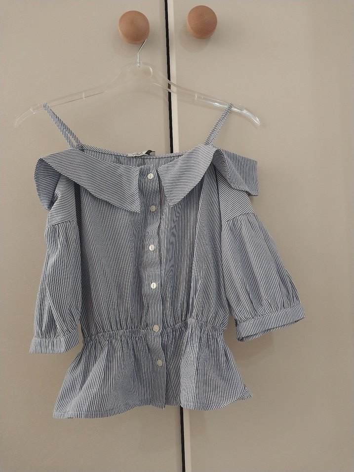 Gri Çizgili Keten Mini Bluz - Görsel 2