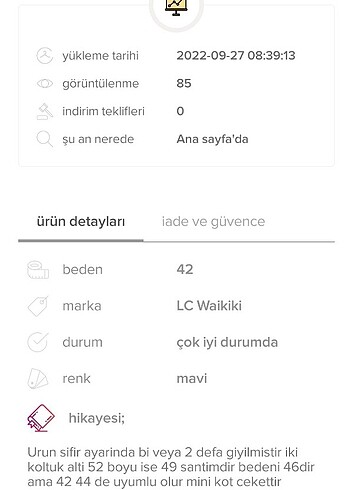 46 Beden mavi Renk Kot ceket