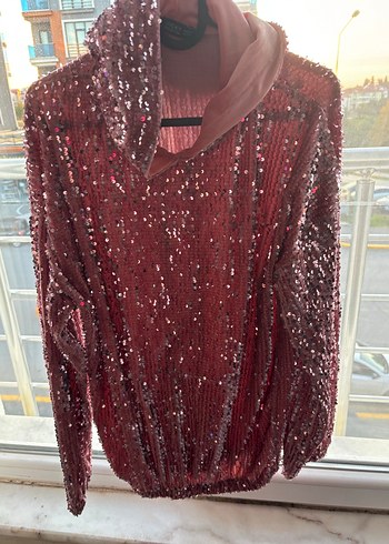 VICHY Pembe Parlak Kapüşonlu Kız Sweatshirt