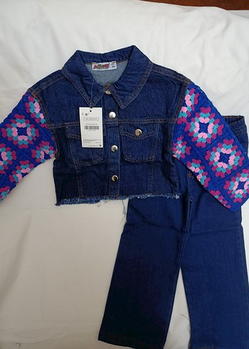 Renkli Örgü Kollu Kız Kot Ceket pantolon - Görsel 2