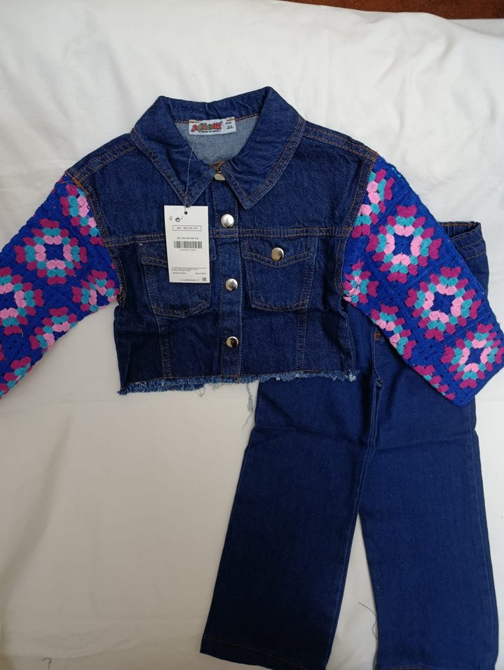 Renkli Örgü Kollu Kız Kot Ceket pantolon - Görsel 2