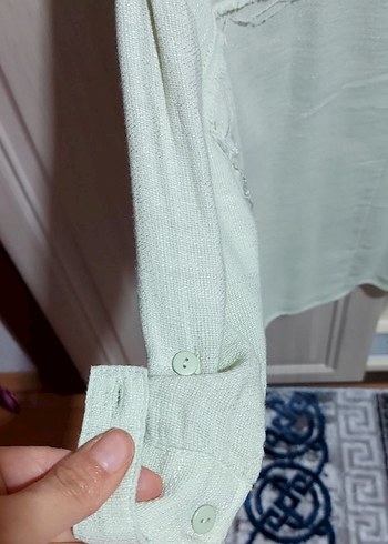 su yeşili Kadın Keten V Yaka Gömlek - Görsel 4