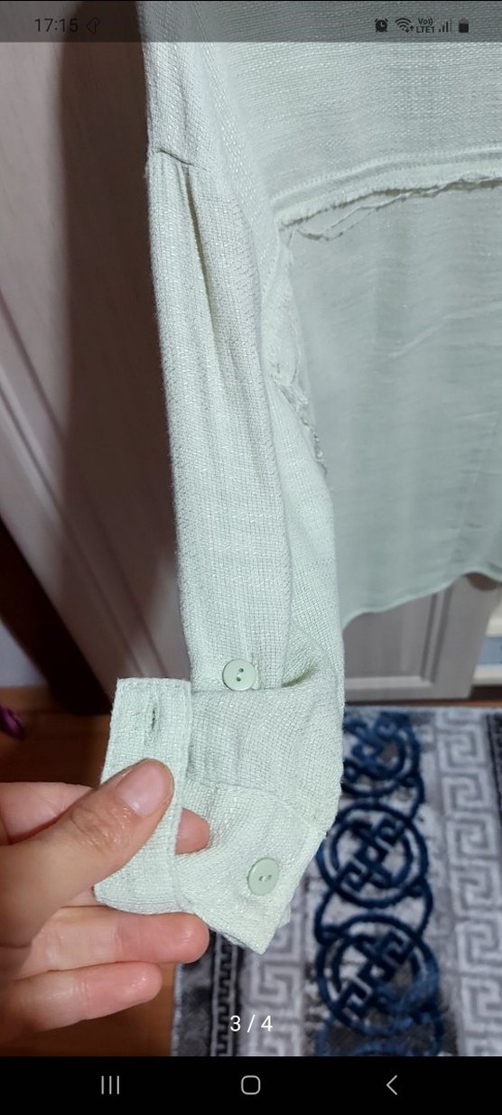 su yeşili Kadın Keten V Yaka Gömlek - Görsel 4