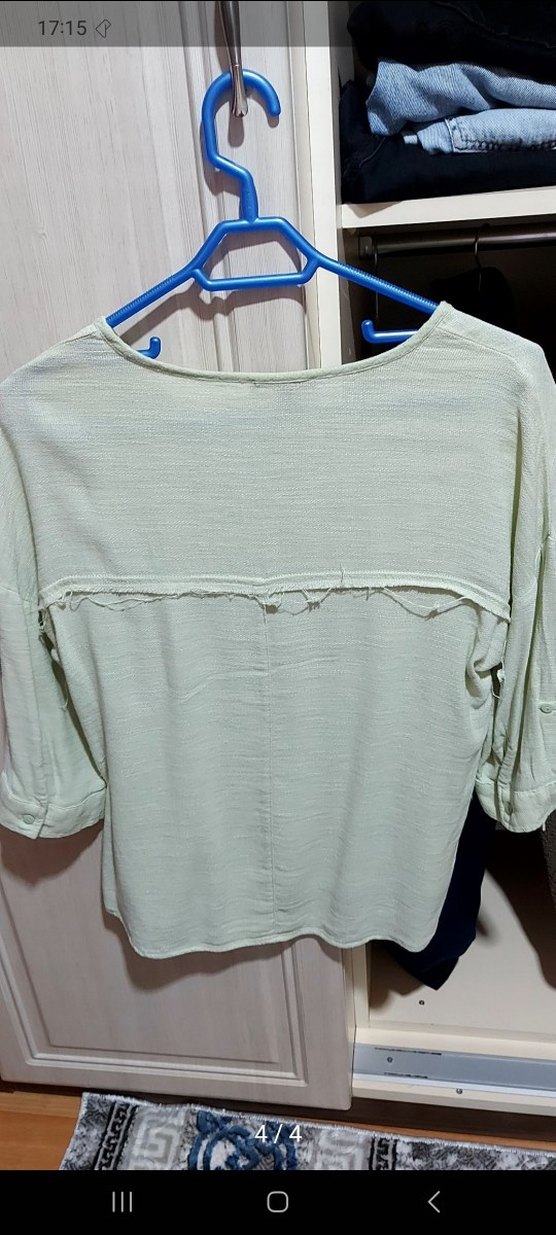 su yeşili Kadın Keten V Yaka Gömlek - Görsel 5