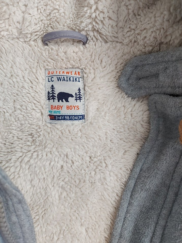 Gri Kapüşonlu Erkek Çocuk Peluş Mont - Görsel 4