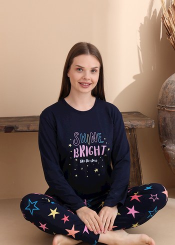 Uzun Kollu, Yıldız Detaylı Kadın Pijama Takımı