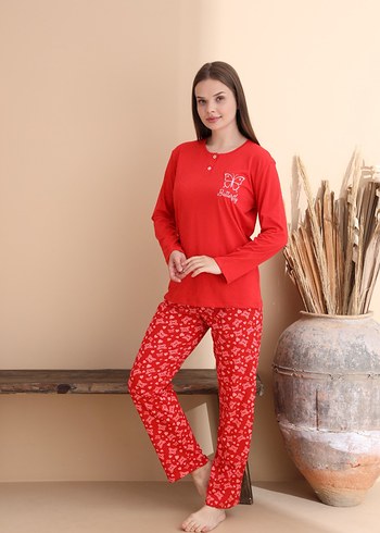 m Beden Renkli Desenli Kırmızı Kadın Pijama Takımı