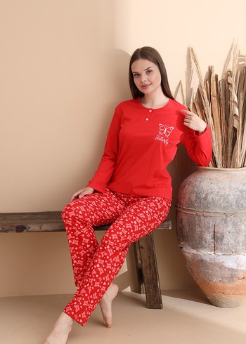 Renkli Desenli Kırmızı Kadın Pijama Takımı