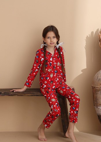 Renkli Baskılı Kırmızı Çocuk Pijama Takımı