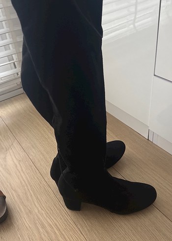 Siyah Süet Diz Üstü Elastik(çorap)Topuklu Çizme - Görsel 5