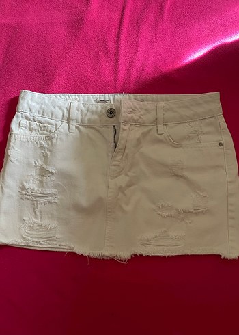 Düğmeli Beyaz Mini Denim Etek