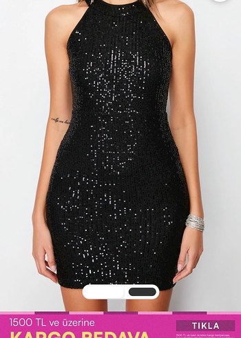 Parlak Siyah Mini Payetli Elbise - Görsel 3