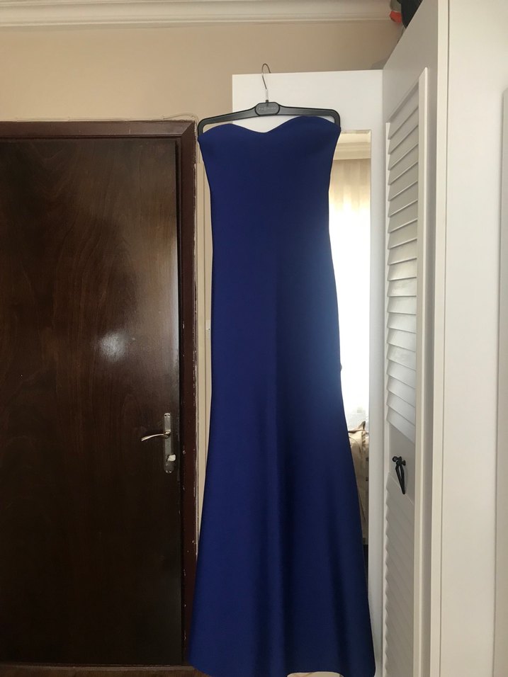 Mavi Drapeli Uzun Straplez Abiye Elbise - Görsel 3