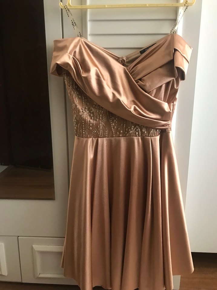 Bej Drapeli Mini Abiye Elbise - Görsel 3