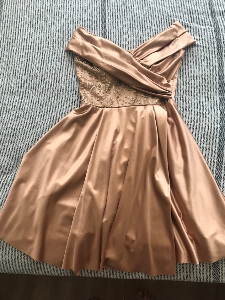 Bej Drapeli Mini Abiye Elbise - Görsel 4