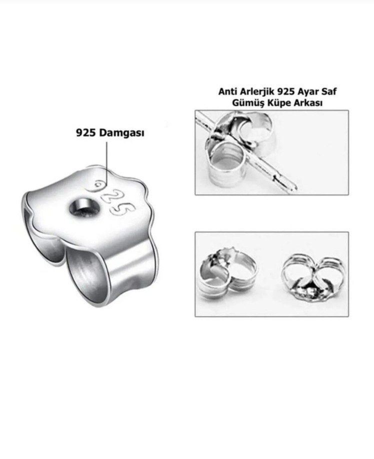 5 Çift (10 Adet) 925 Ayar Pimli Gümüş Küpe Arkası Vidası Klipsli - Görsel 2