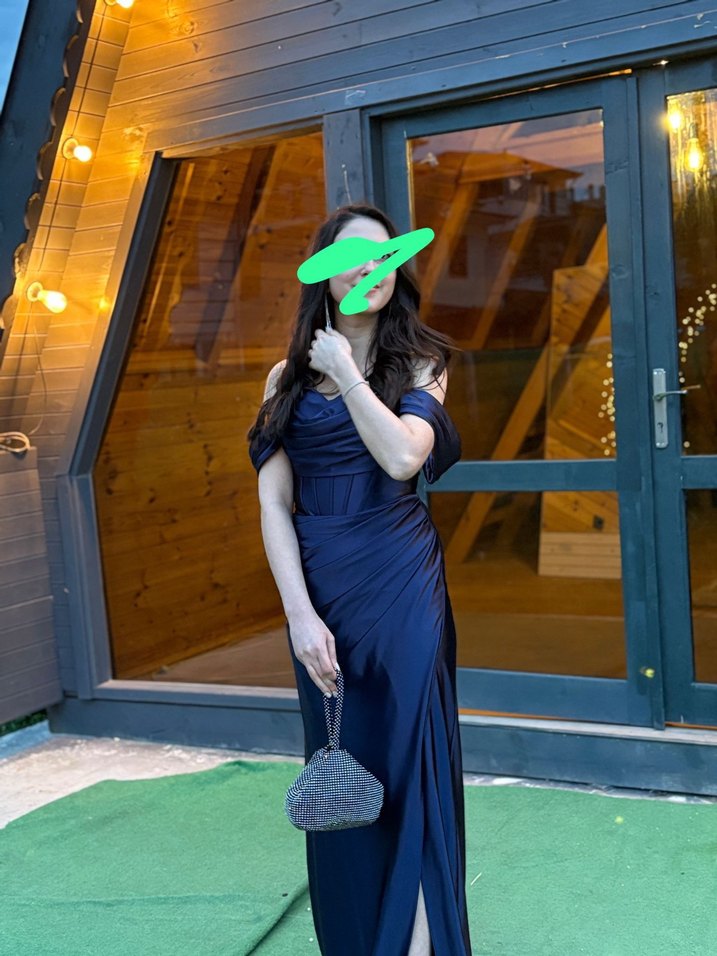 Lacivert Drapeli Uzun Straplez Abiye Elbise - Görsel 2