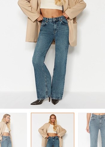 l Beden mavi Renk Düğmeli Bol Kesim Kadın Mavi Denim Jean