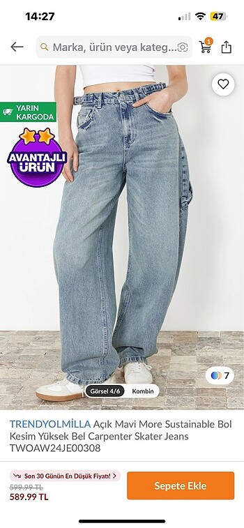 Açık Mavi Yüksek Bel Skater Jeans