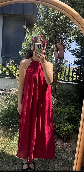 l Beden bordo Renk Boyundan bağlamalı Modal Bordo Elbise