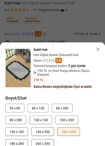 160*230 Lazer kesim yıkanabilir halı