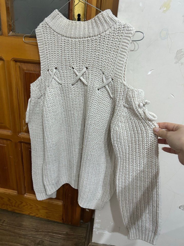 Krem-bej renklerinde Örgü Bohem  Kazak - Görsel 2