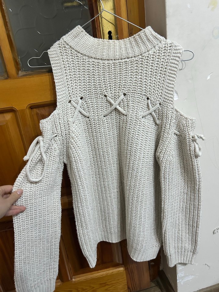 Krem-bej renklerinde Örgü Bohem  Kazak - Görsel 3