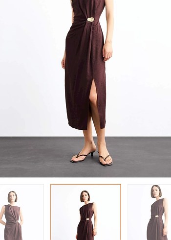 V Yaka Kahverengi Kadın Uzun Elbise - Görsel 4