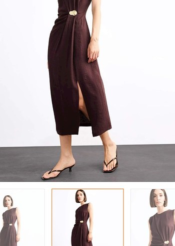 V Yaka Kahverengi Kadın Uzun Elbise - Görsel 3