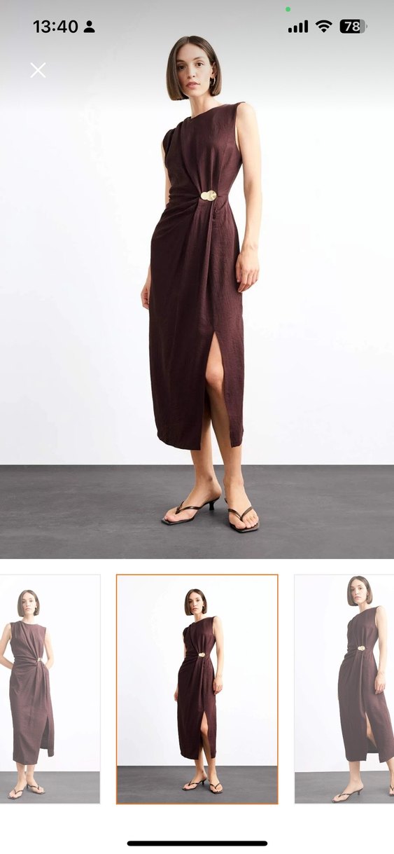 V Yaka Kahverengi Kadın Uzun Elbise - Görsel 4