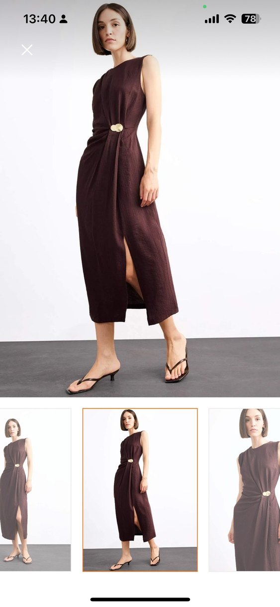 V Yaka Kahverengi Kadın Uzun Elbise - Görsel 3