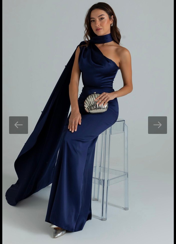 Parlak Lacivert Drapeli Uzun Abiye Elbise - Görsel 4