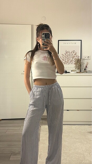 Bershka cizgili keten pantolon