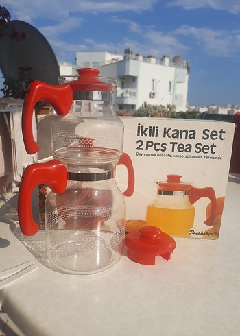 Paşabahçe Kırmızı İkili Cam Çaydanlık Seti