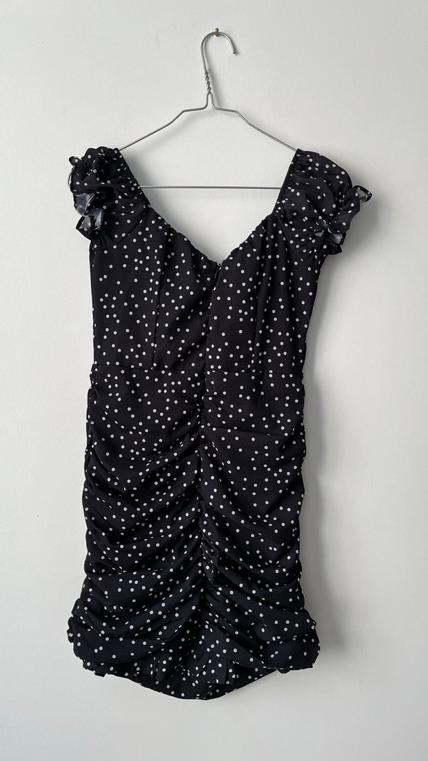 Fırfırlı Puantiyeli Siyah Mini Elbise - Görsel 2