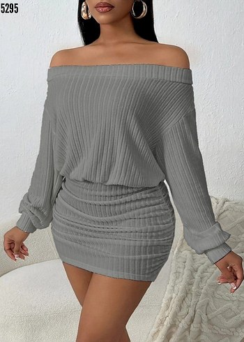 Gri Mini Fitilli Triko Elbise - Görsel 3