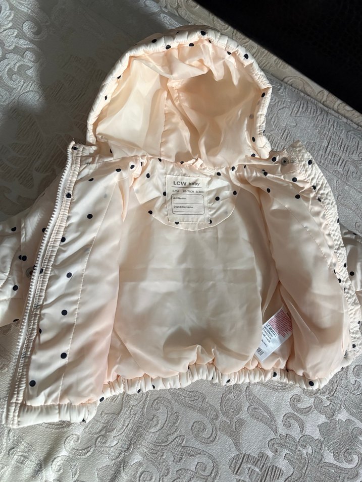 Kapüşonlu Beyaz Puantiyeli Kız Çocuk Montu - Görsel 3