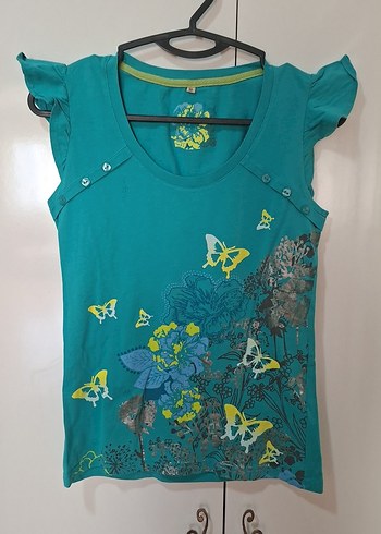 Kelebek Desenli Turkuaz Kız Tişörtü - Görsel 2